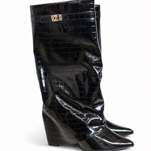 Fashion Nova Black Croc Patent Knee High Boots Size 11 NWOT
